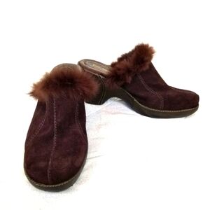 Enzo Angiolini brown suede cozy faux fur lined mules clogs block heel Y2K 7.5
